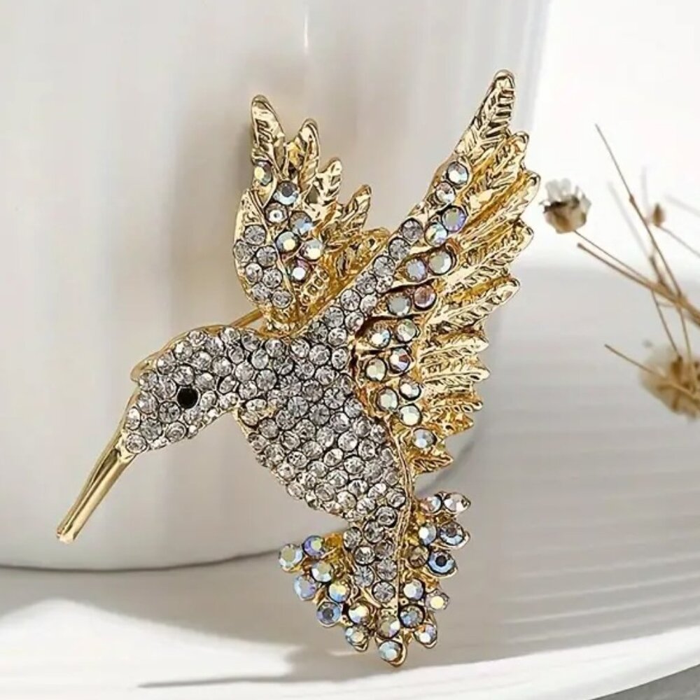 Bedazzled Hummingbird w iridescent & clear crystals  Silver & gold Brooche pin